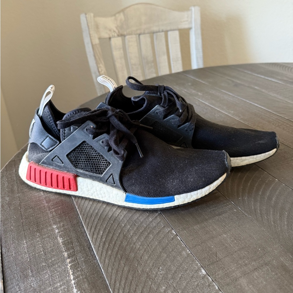 Black Sneakers with Red and Blue Accents